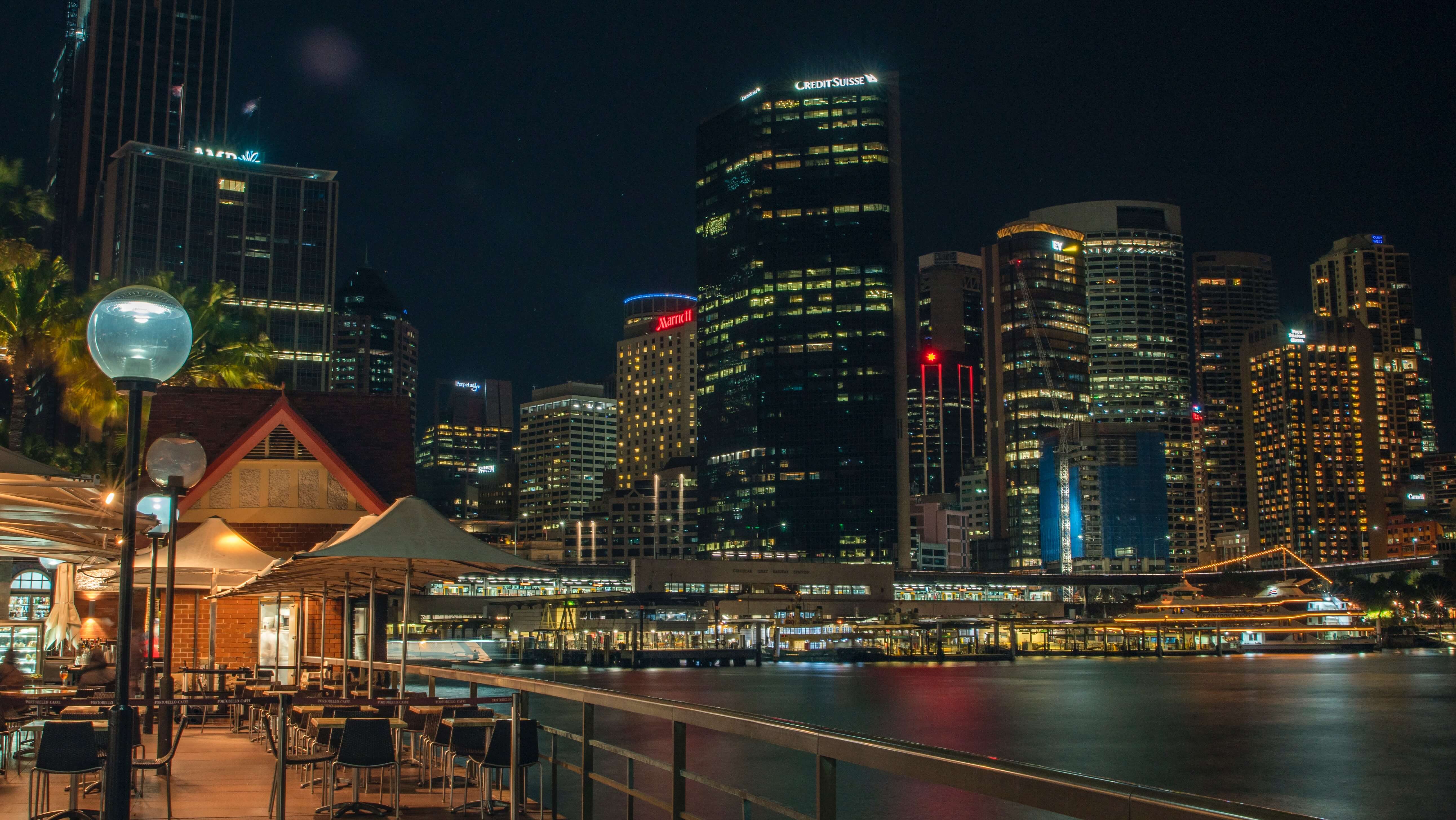 city skyline during night time